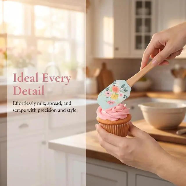 Alt view image 7 of 7 - Veemoon Silicone Spatula Set with Wooden Handle, 2pcs Heat Resistant Baking Cake Cream Scrapers Soft Rubber Mixing Scraper Non-Stick Flexible Spatula - Floral Pattern - Kitchen Utensils for Cooking