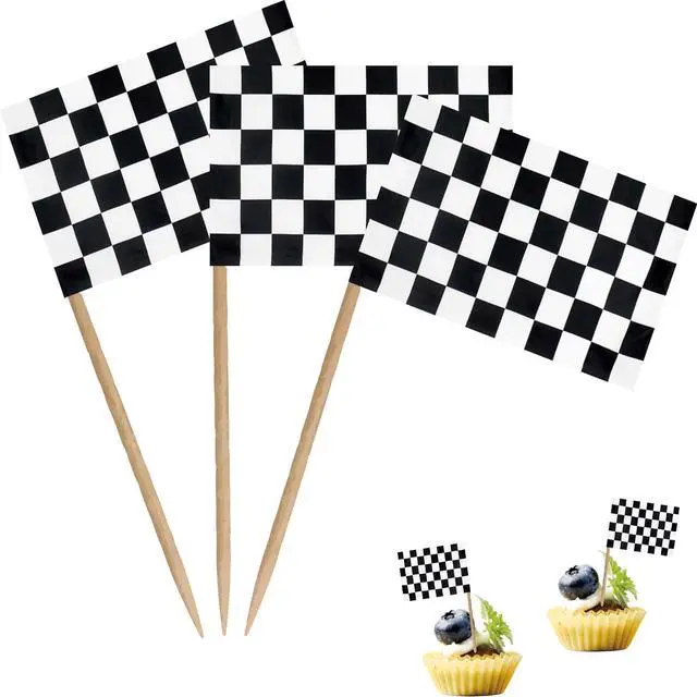 Main image of Checkered Black and White Racing Toothpick Flag Race Car Small Mini Cocktail Fruit Cupcakes Toppers Food Stick Flags Decorations,100 Pack