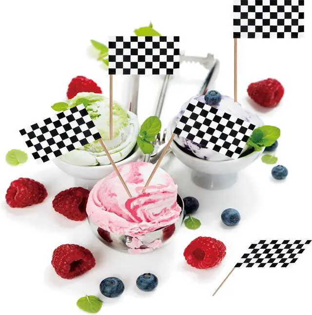Alt view image 6 of 7 - Checkered Black and White Racing Toothpick Flag Race Car Small Mini Cocktail Fruit Cupcakes Toppers Food Stick Flags Decorations,100 Pack