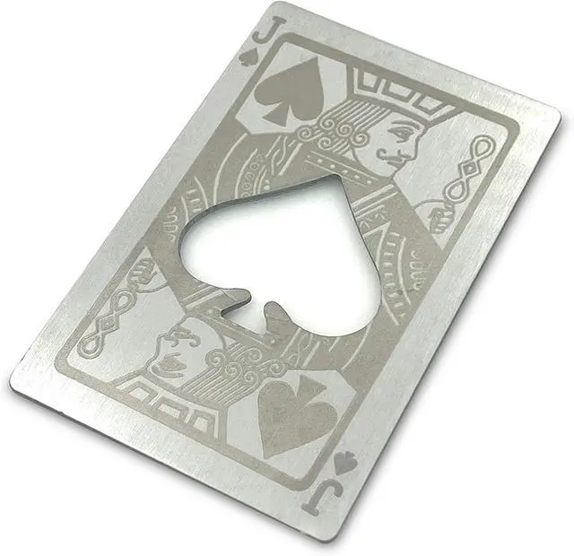 Alt view image 6 of 7 - Metal Poker Card Stainless Steel Bottle Opener Pack of 4 Styles | Mini Portable with Engraved Pattern Silver