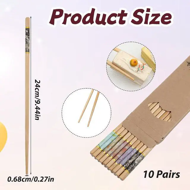 Alt view image 2 of 7 - 10 Pairs Bamboo Chopsticks, Reusable Chinese Chopsticks, Wooden Chopstick, Dishwasher Safe and Non Slip Chopstick, Chinese Style Chop Stick Set for Noodles, Hot Pot, Dumplings, Sushi, Ramen (9.45Inch)