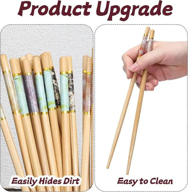 Alt view image 3 of 7 - 10 Pairs Bamboo Chopsticks, Reusable Chinese Chopsticks, Wooden Chopstick, Dishwasher Safe and Non Slip Chopstick, Chinese Style Chop Stick Set for Noodles, Hot Pot, Dumplings, Sushi, Ramen (9.45Inch)