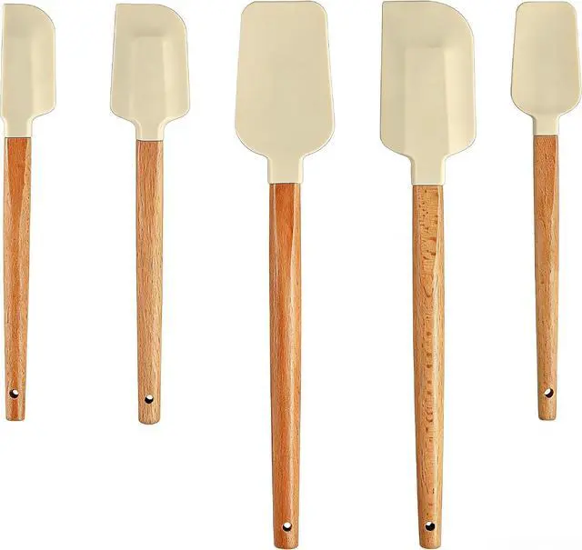 Main image of 5 Piece Wooden Handle Silicone Rubber Spatula Set for Kitchen Baking, Jars,Cooking, and Mixing High Heat Resistant Non Stick Dishwasher Safe BPA-Free (off white)