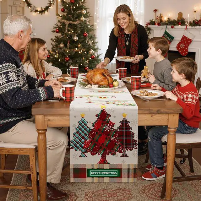 Alt view image 2 of 7 - 13x72 Inch Christmas Table Runner, Merry Christmas Table Decorations for Kitchen Dinning, Seasonal Winter Christmas Decorations Indoor for Home Party
