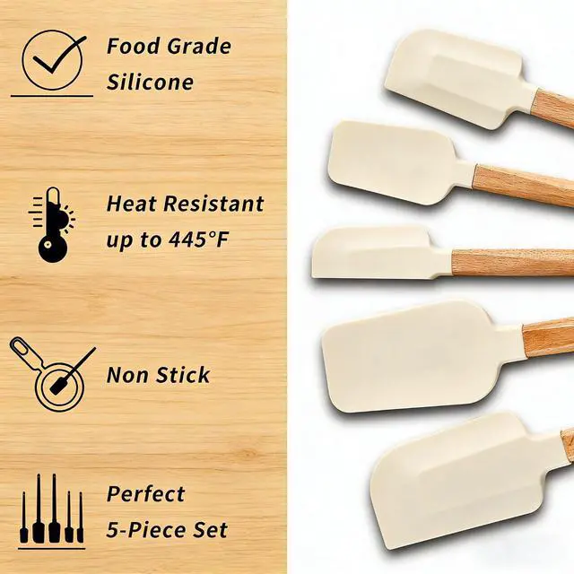 Alt view image 3 of 7 - 5 Piece Wooden Handle Silicone Rubber Spatula Set for Kitchen Baking, Jars,Cooking, and Mixing High Heat Resistant Non Stick Dishwasher Safe BPA-Free (off white)