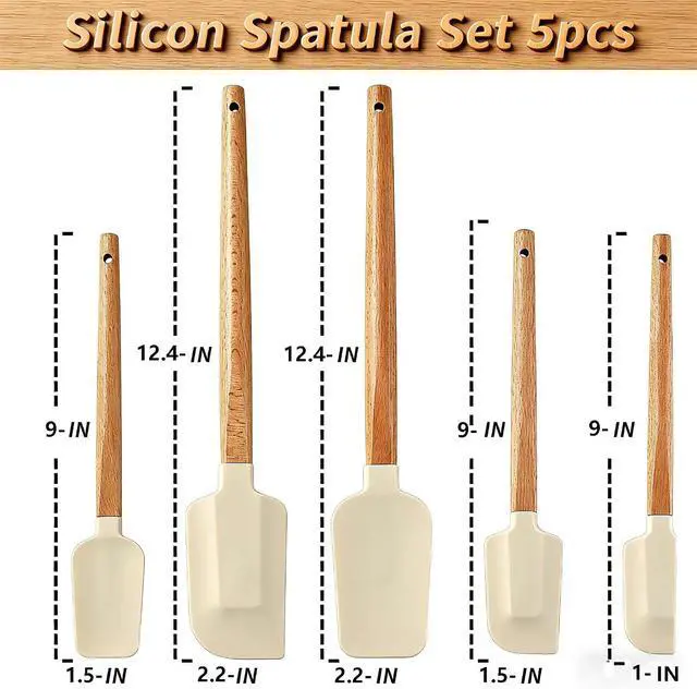 Alt view image 6 of 7 - 5 Piece Wooden Handle Silicone Rubber Spatula Set for Kitchen Baking, Jars,Cooking, and Mixing High Heat Resistant Non Stick Dishwasher Safe BPA-Free (off white)