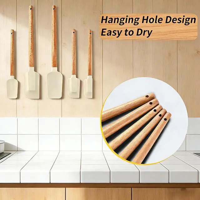 Alt view image 5 of 7 - 5 Piece Wooden Handle Silicone Rubber Spatula Set for Kitchen Baking, Jars,Cooking, and Mixing High Heat Resistant Non Stick Dishwasher Safe BPA-Free (off white)
