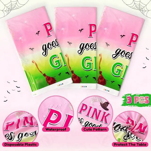 Alt view image 3 of 5 - BOpusal 3Pcs Princess Witch Hats Halloween Theme Table Covers Pink Goes Good with Green Crowns Disposable Rectangular Waterproof Plastic Dinner Tablecloths Party Desktop Decor for Birthday Home Party
