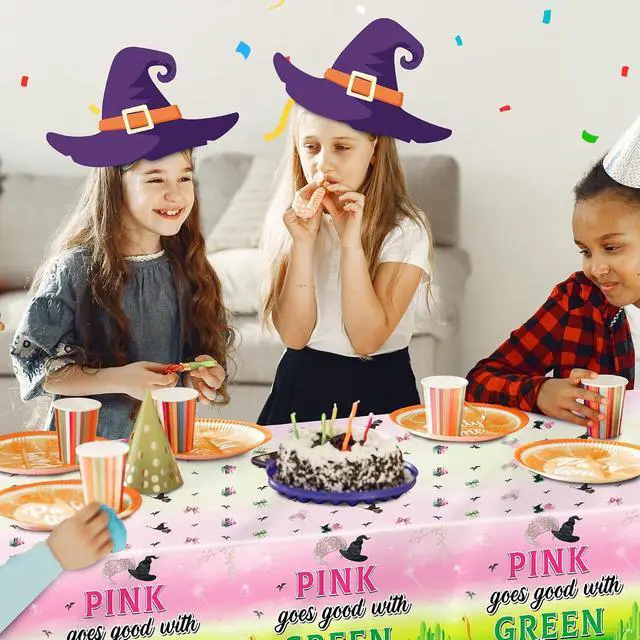 Alt view image 5 of 5 - BOpusal 3Pcs Princess Witch Hats Halloween Theme Table Covers Pink Goes Good with Green Crowns Disposable Rectangular Waterproof Plastic Dinner Tablecloths Party Desktop Decor for Birthday Home Party