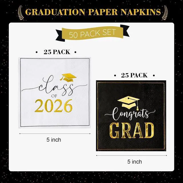 Alt view image 2 of 7 - Class of 2026 Graduation Napkins, Black White Gold, 3-Ply, 50 Pack, 5x5 in. | 2 designs, grad cocktail napkins for high school, college grad party, beverages, table decor, graduation decorations