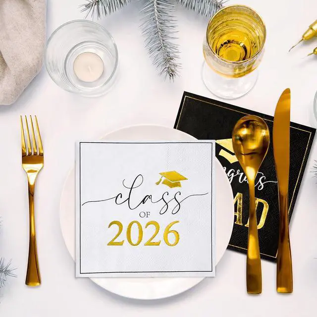 Alt view image 3 of 7 - Class of 2026 Graduation Napkins, Black White Gold, 3-Ply, 50 Pack, 5x5 in. | 2 designs, grad cocktail napkins for high school, college grad party, beverages, table decor, graduation decorations