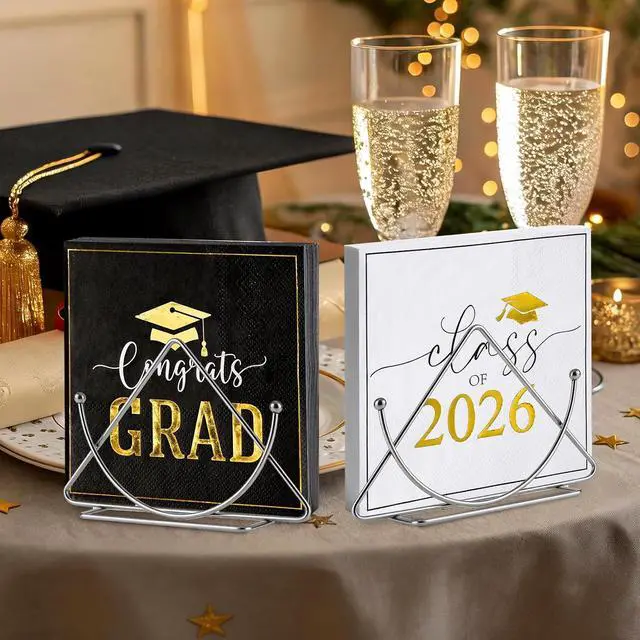 Alt view image 4 of 7 - Class of 2026 Graduation Napkins, Black White Gold, 3-Ply, 50 Pack, 5x5 in. | 2 designs, grad cocktail napkins for high school, college grad party, beverages, table decor, graduation decorations