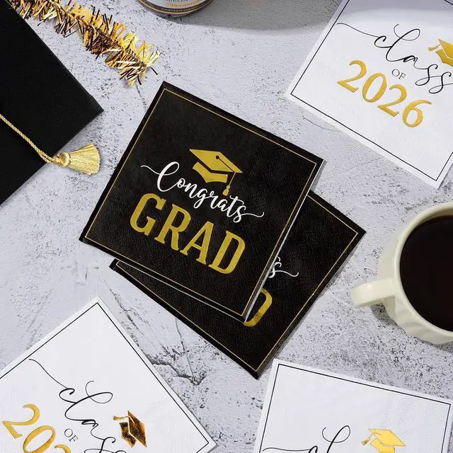 Alt view image 6 of 7 - Class of 2026 Graduation Napkins, Black White Gold, 3-Ply, 50 Pack, 5x5 in. | 2 designs, grad cocktail napkins for high school, college grad party, beverages, table decor, graduation decorations