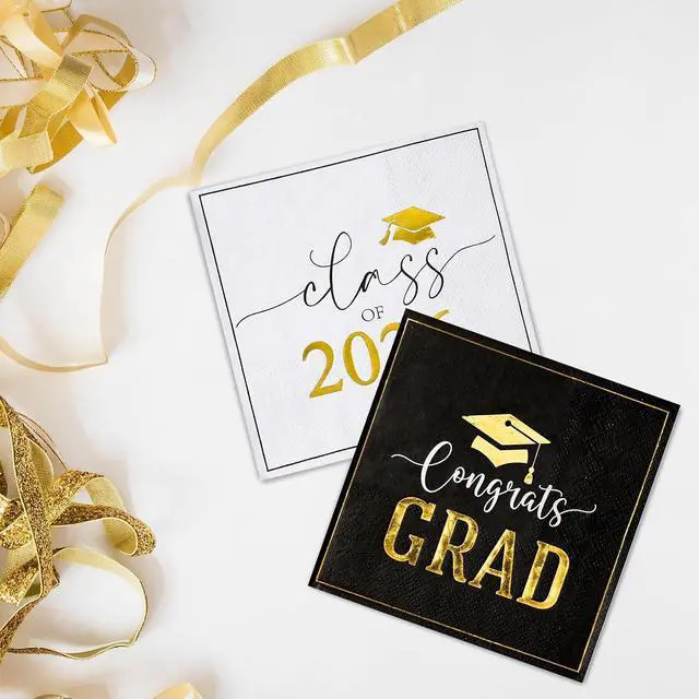 Alt view image 7 of 7 - Class of 2026 Graduation Napkins, Black White Gold, 3-Ply, 50 Pack, 5x5 in. | 2 designs, grad cocktail napkins for high school, college grad party, beverages, table decor, graduation decorations