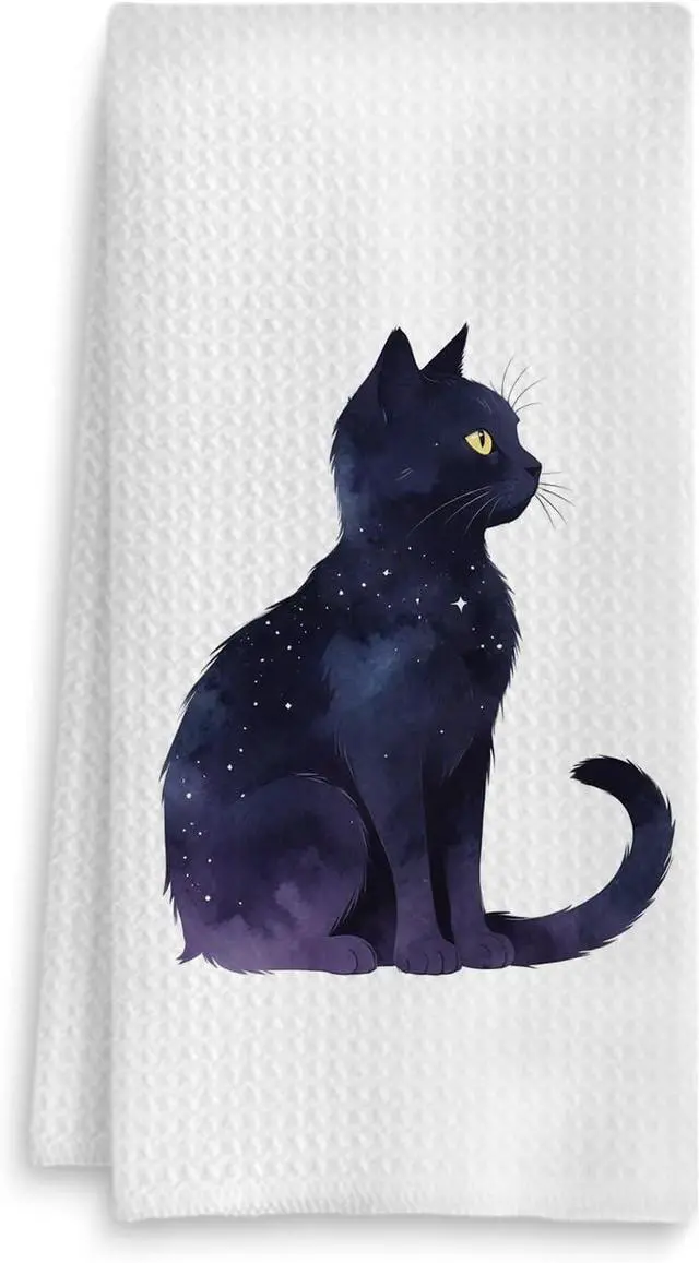 Main image of Celestial Black Cat Kitchen Towels, Cat Lovers Mom Lady Gifts Hand Towels for Bathroom, Mystical Witchy Kitty Kitten Dish Tea Towels for Kitchen Decor, 16x24 Inch