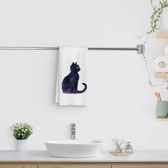Alt view image 3 of 6 - Celestial Black Cat Kitchen Towels, Cat Lovers Mom Lady Gifts Hand Towels for Bathroom, Mystical Witchy Kitty Kitten Dish Tea Towels for Kitchen Decor, 16x24 Inch