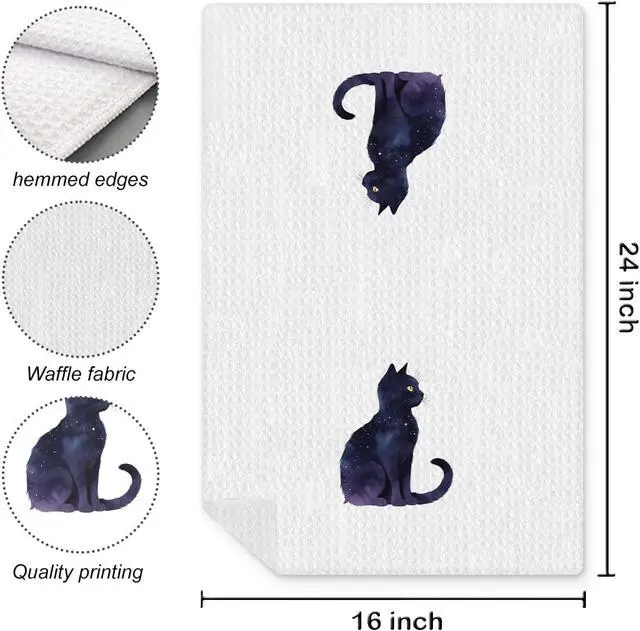 Alt view image 6 of 6 - Celestial Black Cat Kitchen Towels, Cat Lovers Mom Lady Gifts Hand Towels for Bathroom, Mystical Witchy Kitty Kitten Dish Tea Towels for Kitchen Decor, 16x24 Inch