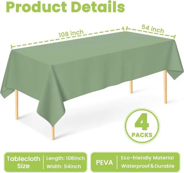 Alt view image 3 of 7 - 2 Pcs Sage Green Tablecloth Plastic 54 ×108 Inches Rectangle Sage Green Tablecloth Disposable Plastic Waterproof Table Cover for Outdoor Picnic, Kitchen, Holiday Birthday Wedding Baby Shower Party