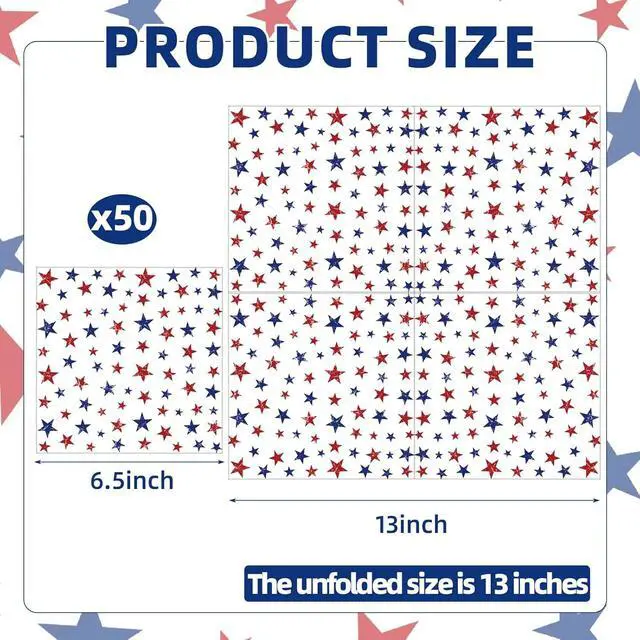 Alt view image 2 of 7 - 50 Pcs Patriotic Star Paper Napkins, 13x13 Inches Unfolded Disposable Red White Blue 4th of July Napkins for Independence Day, Memorial Day, Veterans Day, and Patriotic Party Table Decorations