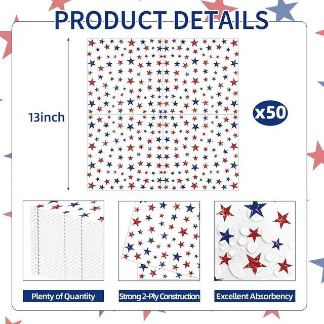 Alt view image 3 of 7 - 50 Pcs Patriotic Star Paper Napkins, 13x13 Inches Unfolded Disposable Red White Blue 4th of July Napkins for Independence Day, Memorial Day, Veterans Day, and Patriotic Party Table Decorations
