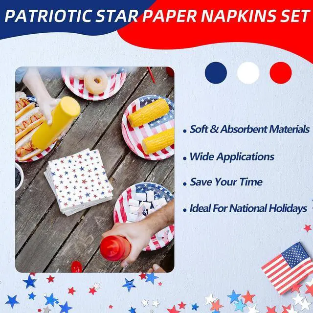 Alt view image 7 of 7 - 50 Pcs Patriotic Star Paper Napkins, 13x13 Inches Unfolded Disposable Red White Blue 4th of July Napkins for Independence Day, Memorial Day, Veterans Day, and Patriotic Party Table Decorations