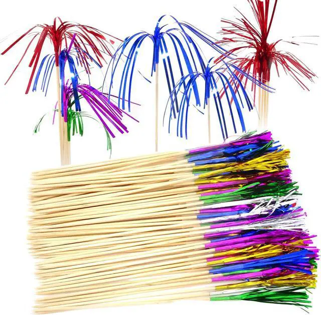 Main image of Honbay 100PCS Creative Fireworks Shaped Fruit Sticks Cupcake Picks Cocktail Picks Firework Cupcake Toppers Foil Frill Toothpicks Christmas Cake Decorations