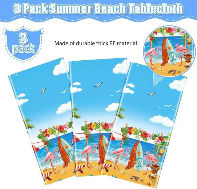 Alt view image 4 of 7 - 3 Pack Summer Beach Plastic Tablecloth Party Decorations, Disposable Aloha Luau Hawaiian Tablecloth, Flamingo Surfboard Table Cover for Summer Beach Pool Hawaiian Theme Party Decorations, 54 x 108Inch