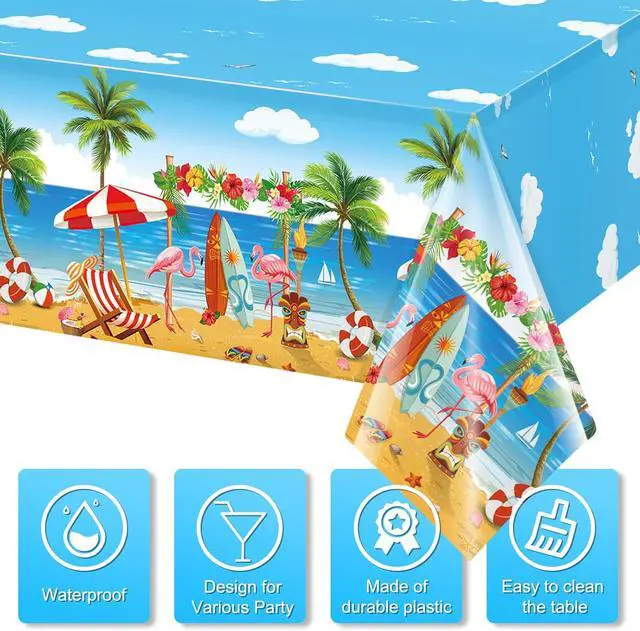 Alt view image 3 of 7 - 3 Pack Summer Beach Plastic Tablecloth Party Decorations, Disposable Aloha Luau Hawaiian Tablecloth, Flamingo Surfboard Table Cover for Summer Beach Pool Hawaiian Theme Party Decorations, 54 x 108Inch