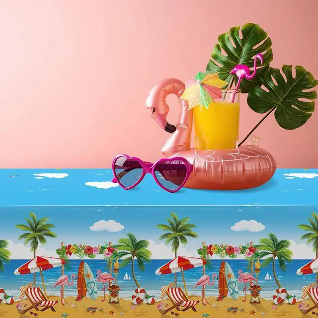 Alt view image 6 of 7 - 3 Pack Summer Beach Plastic Tablecloth Party Decorations, Disposable Aloha Luau Hawaiian Tablecloth, Flamingo Surfboard Table Cover for Summer Beach Pool Hawaiian Theme Party Decorations, 54 x 108Inch