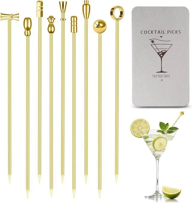 Main image of Metal Cocktail Martini Picks Gold, 4.1 in Olive Skewers Stainless Steel, Martini Garnish Sticks Reusable, Metal Toothpicks for Drinks, Appetizers, Cheese, Gift for Father Bar Accessories - 9 Pcs