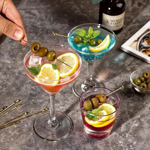 Alt view image 2 of 6 - Metal Cocktail Martini Picks Gold, 4.1 in Olive Skewers Stainless Steel, Martini Garnish Sticks Reusable, Metal Toothpicks for Drinks, Appetizers, Cheese, Gift for Father Bar Accessories - 9 Pcs