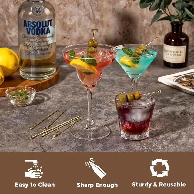 Alt view image 5 of 6 - Metal Cocktail Martini Picks Gold, 4.1 in Olive Skewers Stainless Steel, Martini Garnish Sticks Reusable, Metal Toothpicks for Drinks, Appetizers, Cheese, Gift for Father Bar Accessories - 9 Pcs