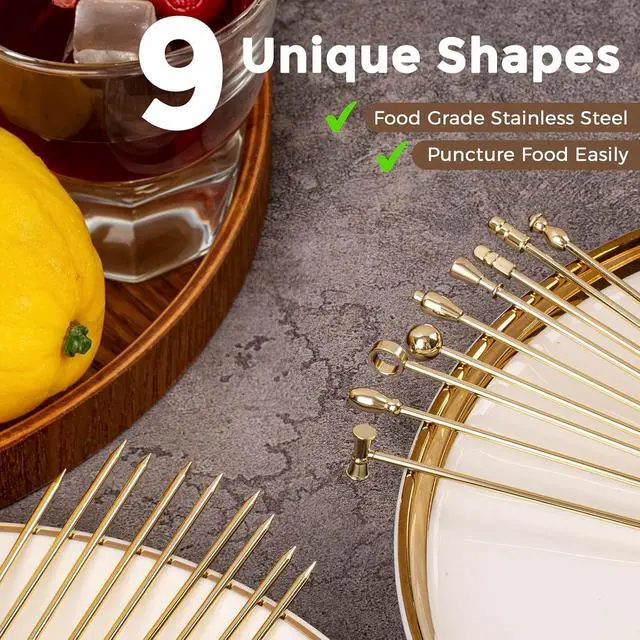 Alt view image 3 of 6 - Metal Cocktail Martini Picks Gold, 4.1 in Olive Skewers Stainless Steel, Martini Garnish Sticks Reusable, Metal Toothpicks for Drinks, Appetizers, Cheese, Gift for Father Bar Accessories - 9 Pcs