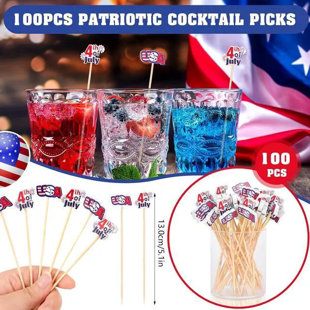 Alt view image 2 of 7 - OOTSR 100Pcs 4th of July Cocktail Picks, 5.1inch Red White Blue Decorative Toothpicks for Appetizers Bamboo Cocktail Skewers Sticks for Independence Day Party Decoration Supplies
