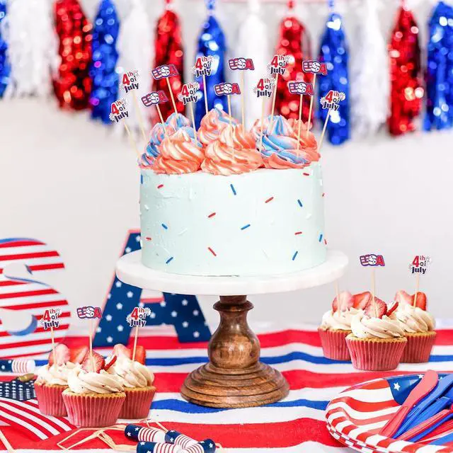 Alt view image 3 of 7 - OOTSR 100Pcs 4th of July Cocktail Picks, 5.1inch Red White Blue Decorative Toothpicks for Appetizers Bamboo Cocktail Skewers Sticks for Independence Day Party Decoration Supplies
