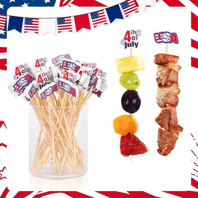 Alt view image 7 of 7 - OOTSR 100Pcs 4th of July Cocktail Picks, 5.1inch Red White Blue Decorative Toothpicks for Appetizers Bamboo Cocktail Skewers Sticks for Independence Day Party Decoration Supplies
