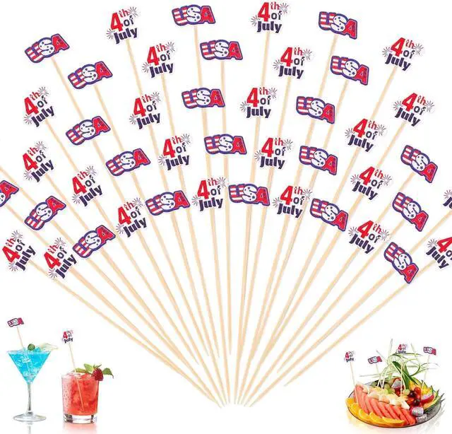 Main image of OOTSR 100Pcs 4th of July Cocktail Picks, 5.1inch Red White Blue Decorative Toothpicks for Appetizers Bamboo Cocktail Skewers Sticks for Independence Day Party Decoration Supplies