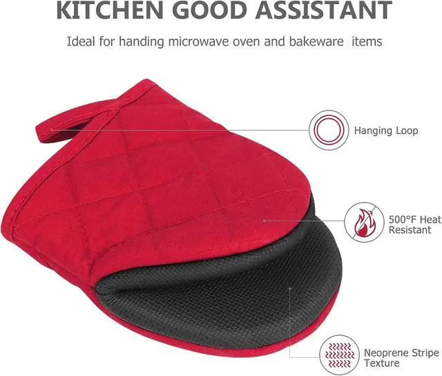 Alt view image 4 of 7 - 1 Pair Short Oven Mitts - Silicone Kitchen Oven Gloves High Heat Resistant 500, Mini Oven Mits with Non-Slip Grip Surfaces and Hanging Loop for BBQ, Baking, Cooking and Grilling (Red)