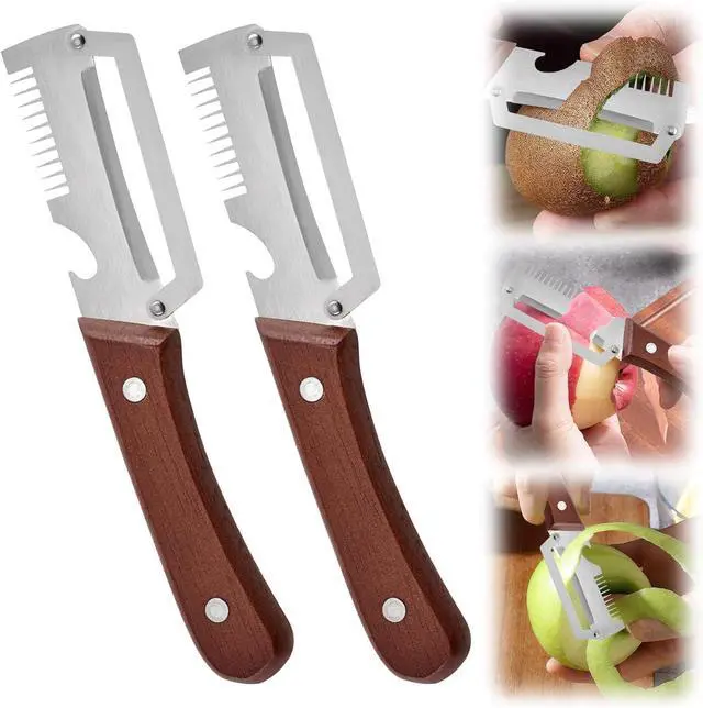 Main image of 2PCS Multifunction Vegetable Peeler for Kitchen, Stainless Steel Fruit & Potato Peeler with Bottle Opener and Wooden Handle, 3-in-1 Kitchen Gadget for Carrot, Pumpkin, Cucumber and Veggie