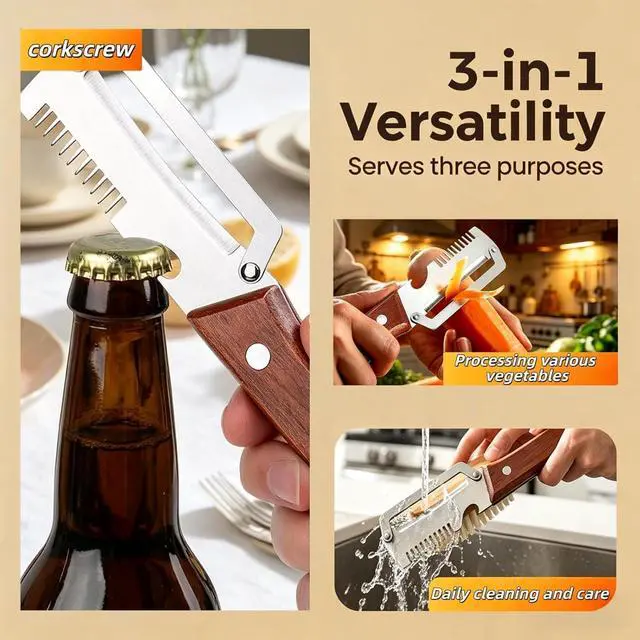 Alt view image 4 of 6 - 2PCS Multifunction Vegetable Peeler for Kitchen, Stainless Steel Fruit & Potato Peeler with Bottle Opener and Wooden Handle, 3-in-1 Kitchen Gadget for Carrot, Pumpkin, Cucumber and Veggie