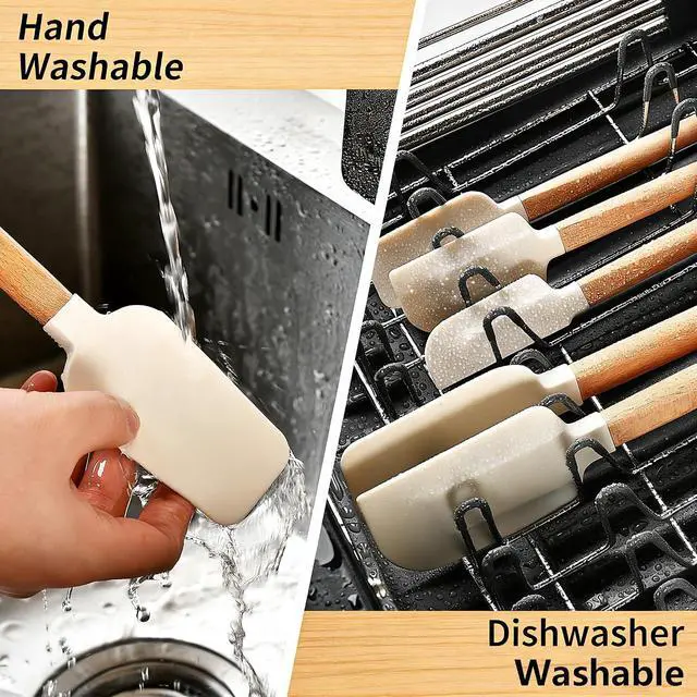 Alt view image 4 of 7 - 5 Piece Wooden Handle Silicone Rubber Spatula Set for Kitchen Baking, Jars,Cooking, and Mixing High Heat Resistant Non Stick Dishwasher Safe BPA-Free (off white)