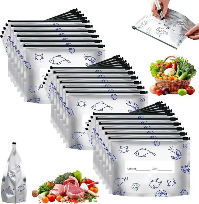 Main image of 30Pcs Reusable Aluminum Foil Sealable Storage Bags, 2026 New Resealable Vacuum Zipper Pouches for Food, Stand Up Foil Sealable Bags with Label and Zip Lock for Vegetable (Small)