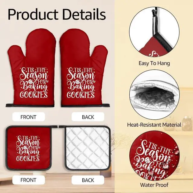 Alt view image 3 of 6 - Tis The Season for Baking Cookies Oven Mitts and Pot Holders Sets, Funny Christmas Oven Mitt for Women Chef, Cookie Baker Gifts for Family, Christmas Baking Gifts for Mom Housewives Hostess