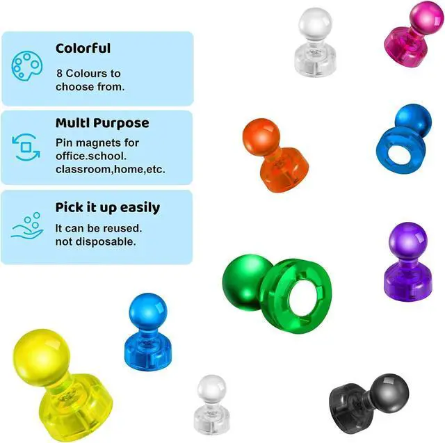 Alt view image 7 of 7 - HongyiTime 90 PCS Colorful Strong Magnetic Push Pin Magnets, Office / Classroom Magnets,8 Assorted Color, Perfect to use as Kitchen Home and School, Map Magnets,Whiteboard Magnets
