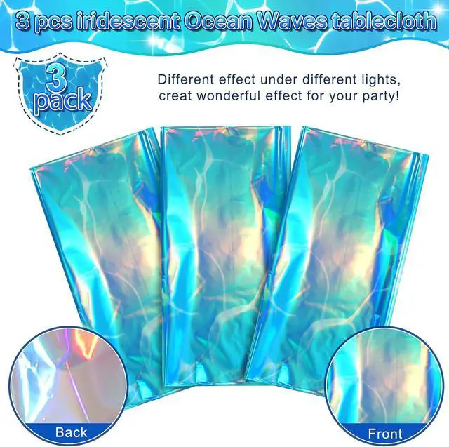 Alt view image 4 of 7 - 3 Pack Ocean Tablecloths Iridescent Plastic Disposable Table Cloth Rectangle Water Wave Table Covers for Under Sea Ocean Pool Beach Party Decorations, 54 x 108Inch