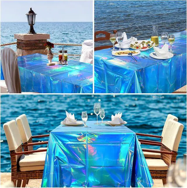 Alt view image 7 of 7 - 3 Pack Ocean Tablecloths Iridescent Plastic Disposable Table Cloth Rectangle Water Wave Table Covers for Under Sea Ocean Pool Beach Party Decorations, 54 x 108Inch