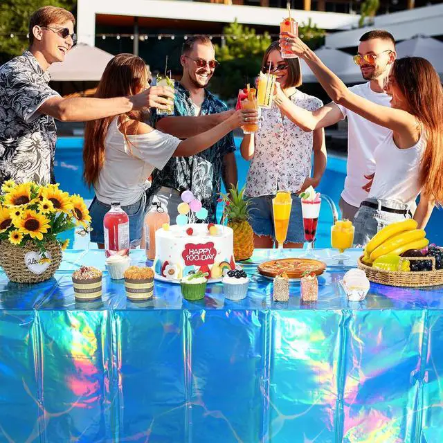 Alt view image 6 of 7 - 3 Pack Ocean Tablecloths Iridescent Plastic Disposable Table Cloth Rectangle Water Wave Table Covers for Under Sea Ocean Pool Beach Party Decorations, 54 x 108Inch