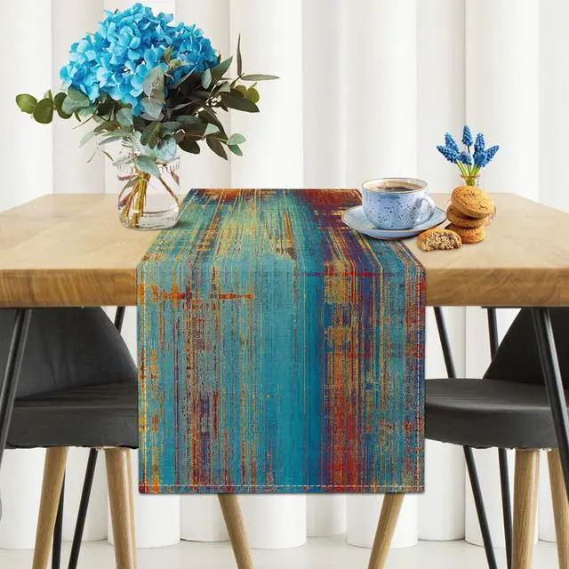 Alt view image 2 of 7 - Small Table Runner Vintage Abstract Blue and Orange Table Runner Messy Rust Painting Farmhouse Coffee Table Runners for Kitchen Dining Table Home Decor 36"