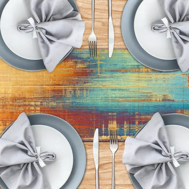 Alt view image 4 of 7 - Small Table Runner Vintage Abstract Blue and Orange Table Runner Messy Rust Painting Farmhouse Coffee Table Runners for Kitchen Dining Table Home Decor 36"