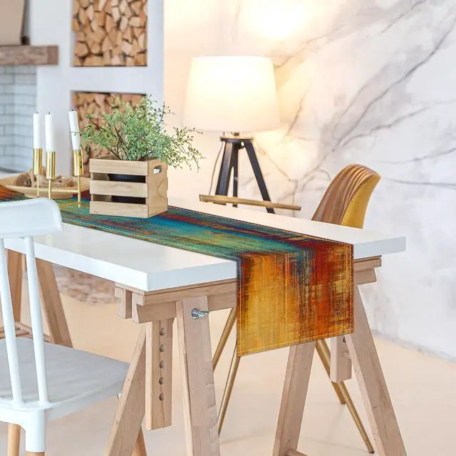 Alt view image 6 of 7 - Small Table Runner Vintage Abstract Blue and Orange Table Runner Messy Rust Painting Farmhouse Coffee Table Runners for Kitchen Dining Table Home Decor 36"